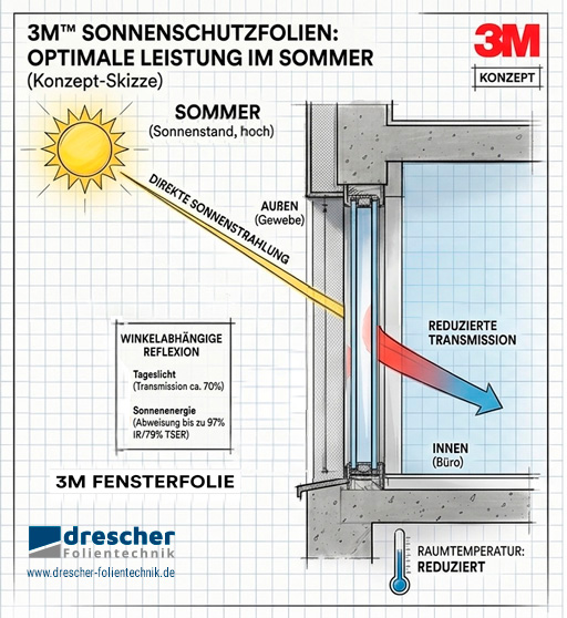 3M™ Sonnenschutzfolien: Intelligente Klimakontrolle für Ihr Unternehmen 1 3M Fernsterfolie Skizze Sommer
